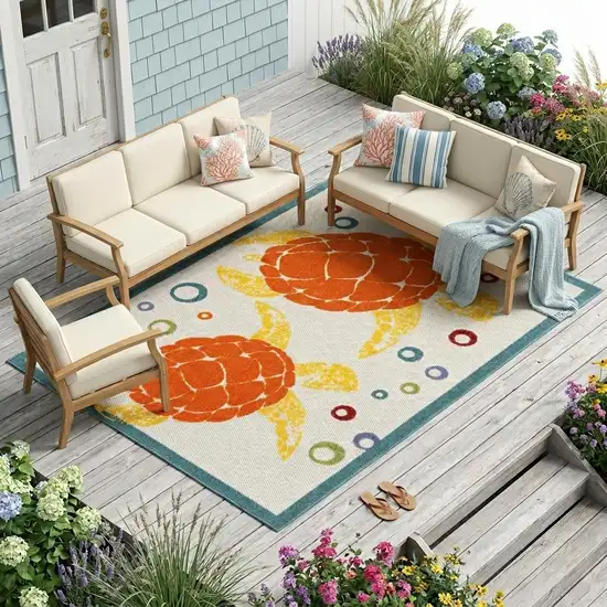 Teal And Orange Sea Turtle Indoor Outdoor Area Rug Photo 1