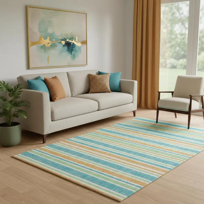 Teal And Orange Striped Washable Area Rug With UV Protection Photo 1