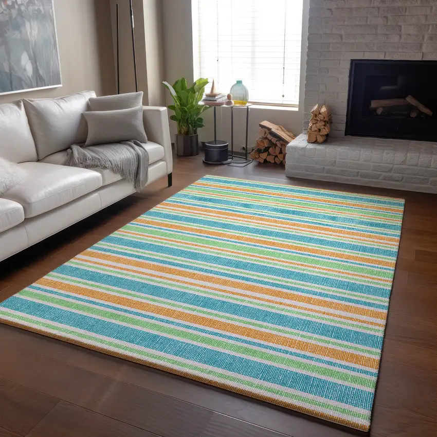 Teal And Orange Striped Washable Area Rug With UV Protection Photo 5