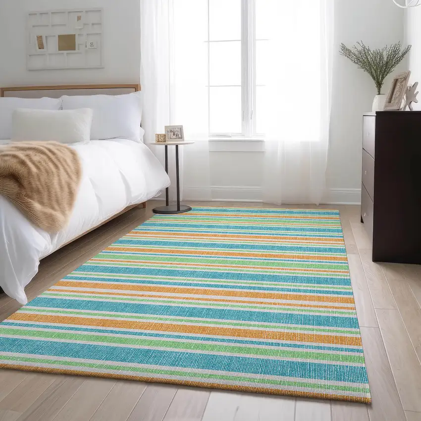 Teal And Orange Striped Washable Area Rug With UV Protection Photo 4
