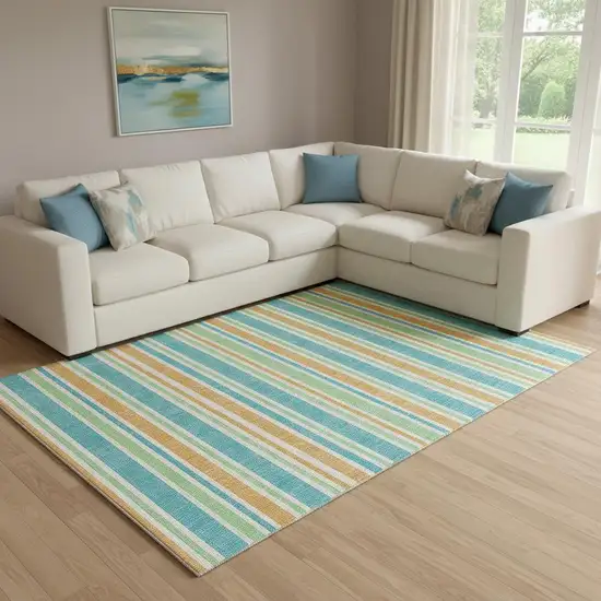 Teal And Orange Striped Washable Area Rug With UV Protection Photo 1
