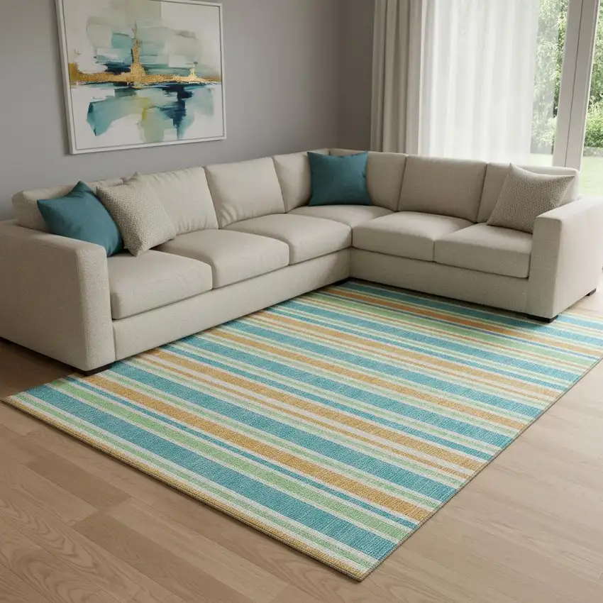Teal And Orange Striped Washable Area Rug With UV Protection Photo 1