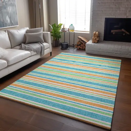 Teal And Orange Striped Washable Area Rug With UV Protection Photo 5