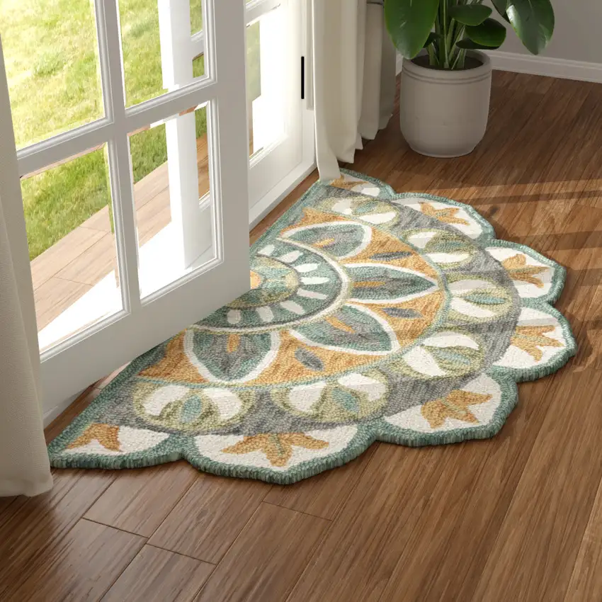 Teal And Orange Wool Medallion Hand Tufted Half Circle Rug Photo 4