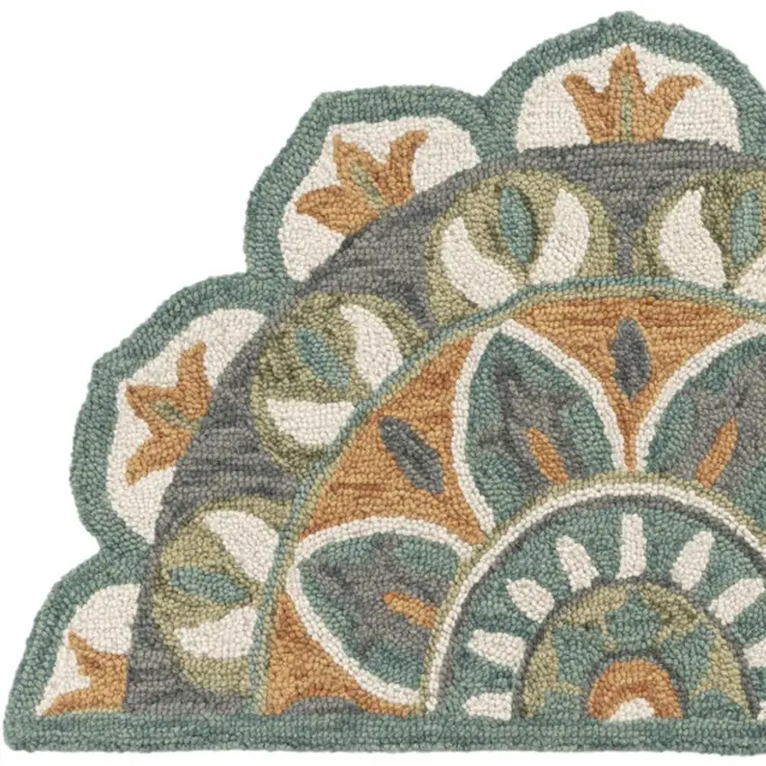 Teal And Orange Wool Medallion Hand Tufted Half Circle Rug Photo 2