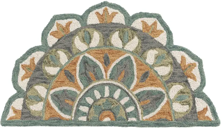 Teal And Orange Wool Medallion Hand Tufted Half Circle Rug Photo 3