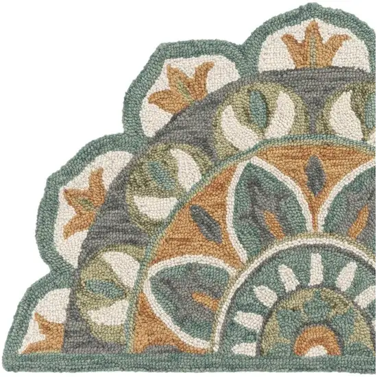 Teal And Orange Wool Medallion Hand Tufted Half Circle Rug Photo 6