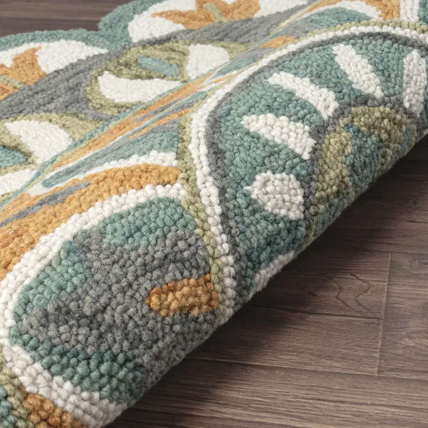 Teal And Orange Wool Medallion Hand Tufted Half Circle Rug Photo 9