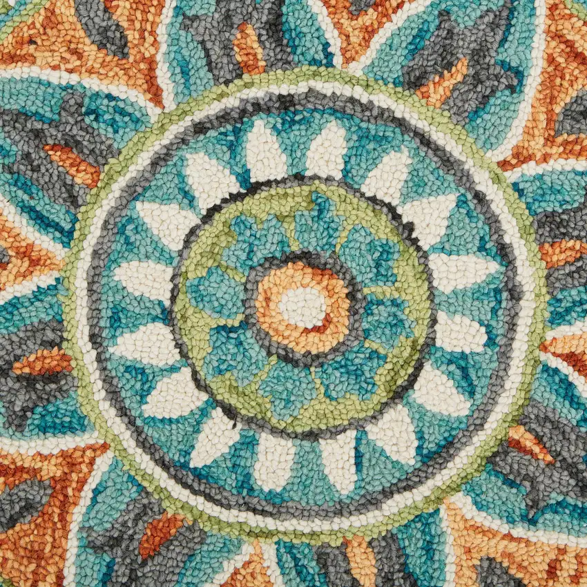 Teal And Orange Wool Medallion Hand Tufted Half Circle Rug Photo 8