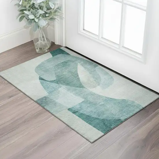 Teal And Pale Aqua Abstract Washable Area Rug With UV Protection Photo 2