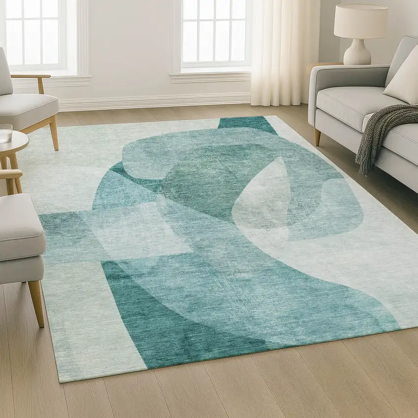 Teal And Pale Aqua Abstract Washable Area Rug With UV Protection Photo 6