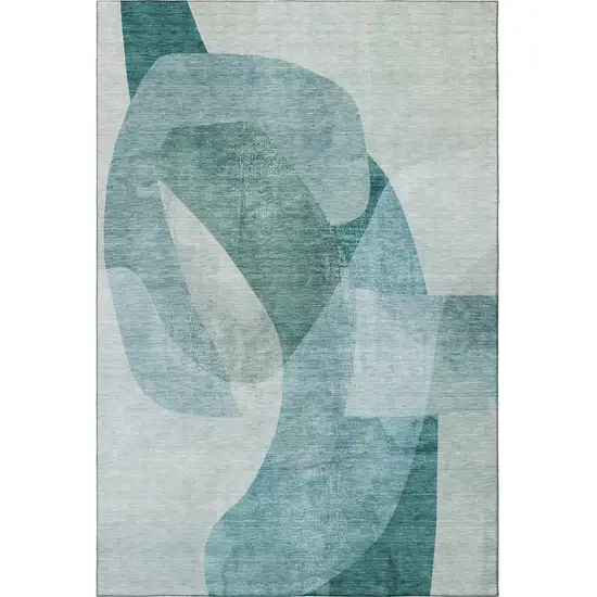 Teal And Pale Aqua Abstract Washable Area Rug With UV Protection Photo 4