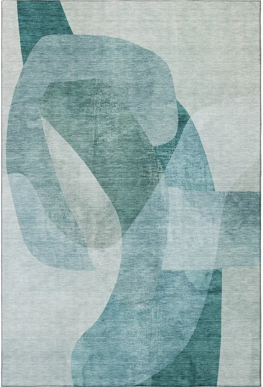 Teal And Pale Aqua Abstract Washable Area Rug With UV Protection Photo 4