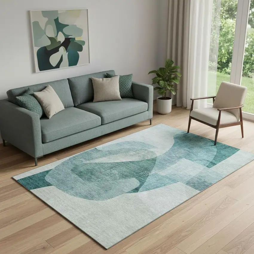 Teal And Pale Aqua Abstract Washable Area Rug With UV Protection Photo 2