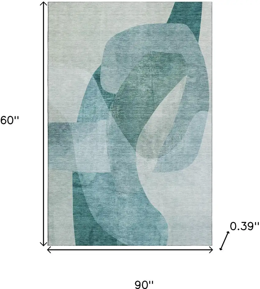 Teal And Pale Aqua Abstract Washable Area Rug With UV Protection Photo 9