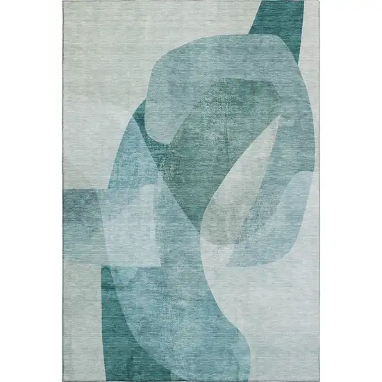 Teal And Pale Aqua Abstract Washable Area Rug With UV Protection Photo 1
