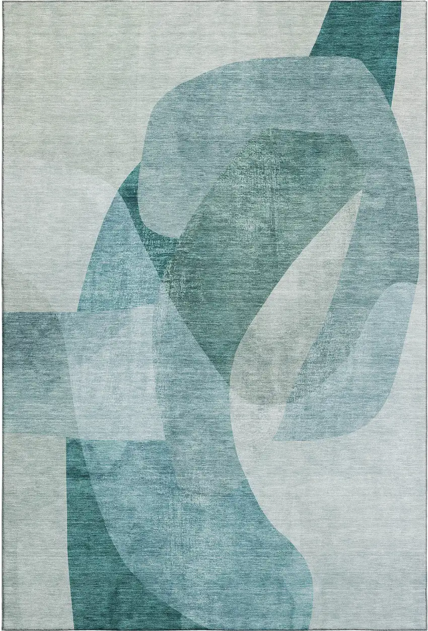Teal And Pale Aqua Abstract Washable Area Rug With UV Protection Photo 1