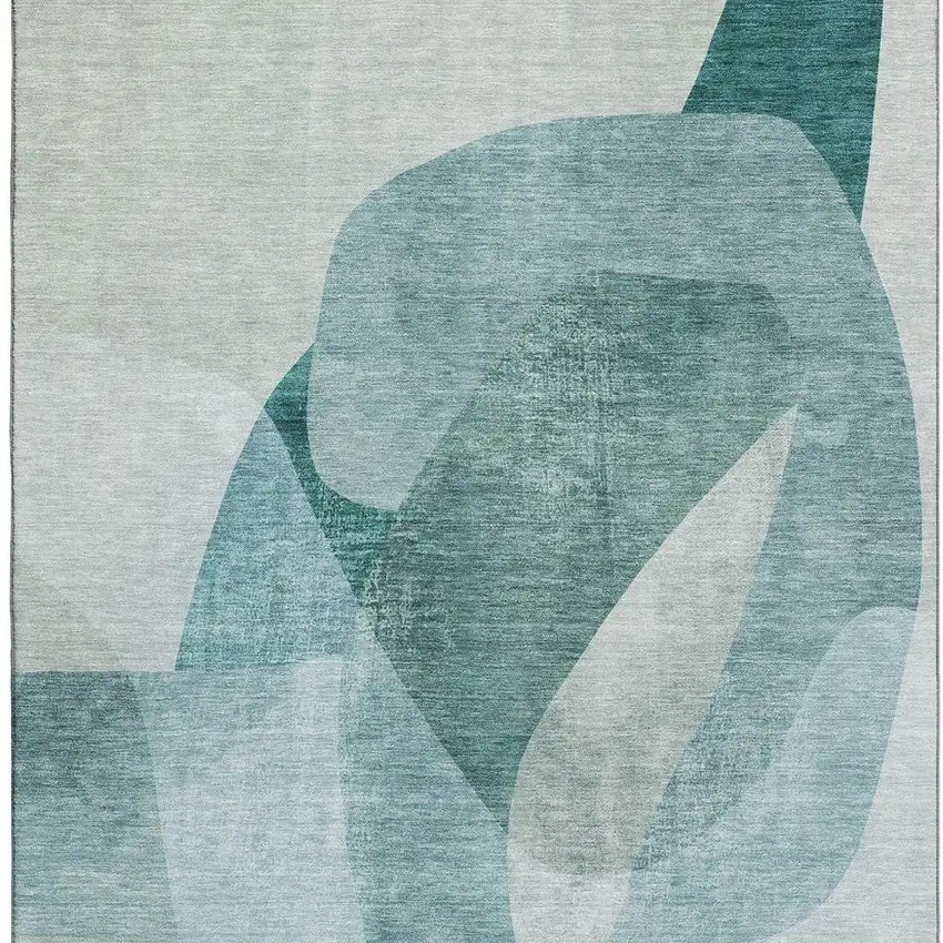 Teal And Pale Aqua Abstract Washable Area Rug With UV Protection Photo 4