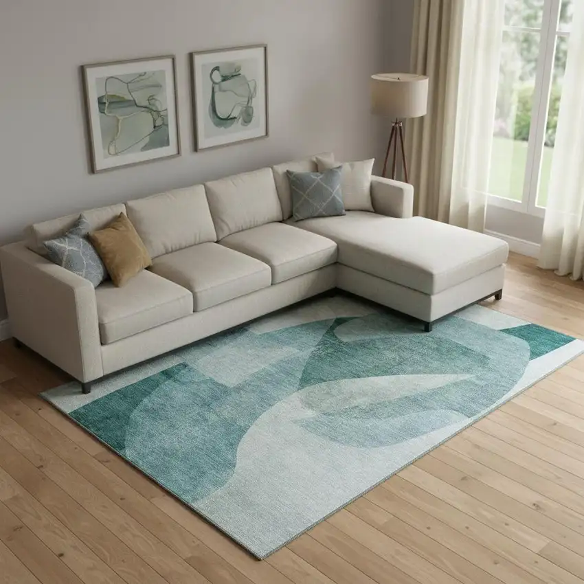 Teal And Pale Aqua Abstract Washable Area Rug With UV Protection Photo 2