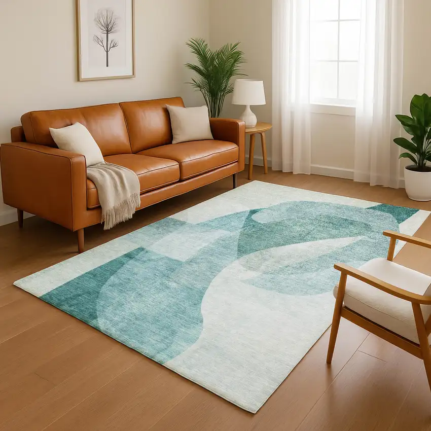 Teal And Pale Aqua Abstract Washable Area Rug With UV Protection Photo 5