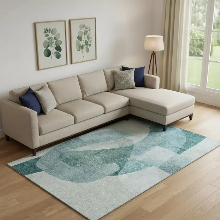 Teal And Pale Aqua Abstract Washable Area Rug With UV Protection Photo 2