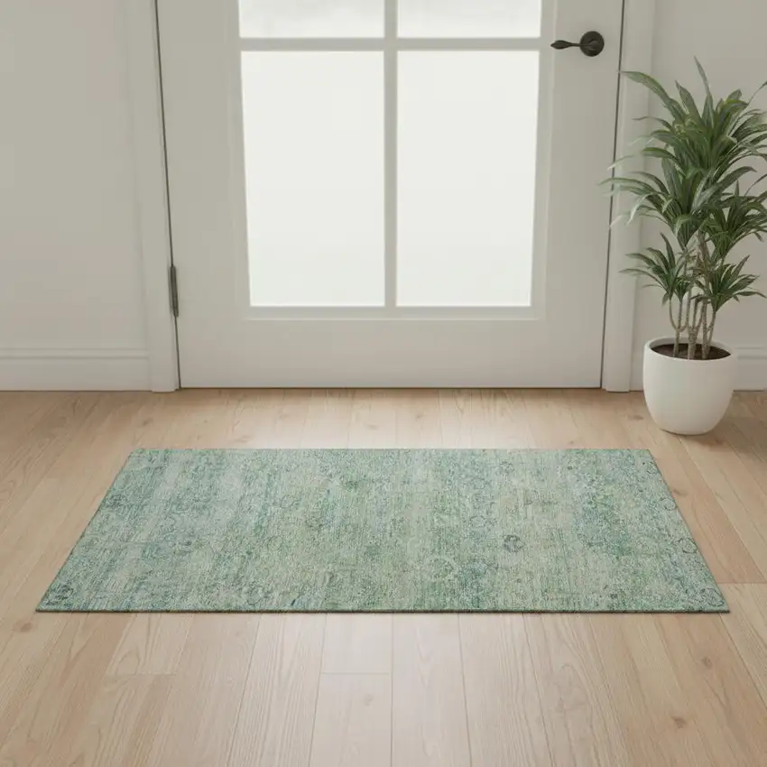 Teal And Pale Aqua Abstract Washable Area Rug With UV Protection Photo 2