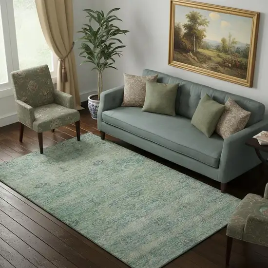 Teal And Pale Aqua Abstract Washable Area Rug With UV Protection Photo 2