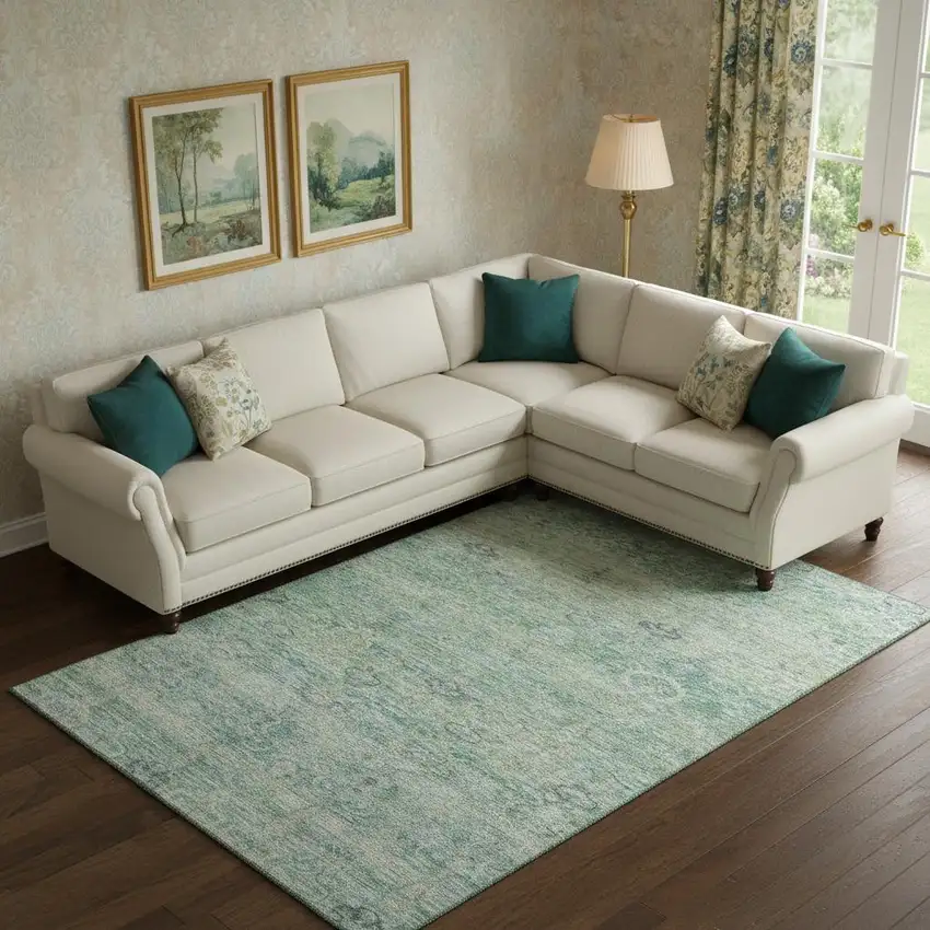 Teal And Pale Aqua Abstract Washable Area Rug With UV Protection Photo 2