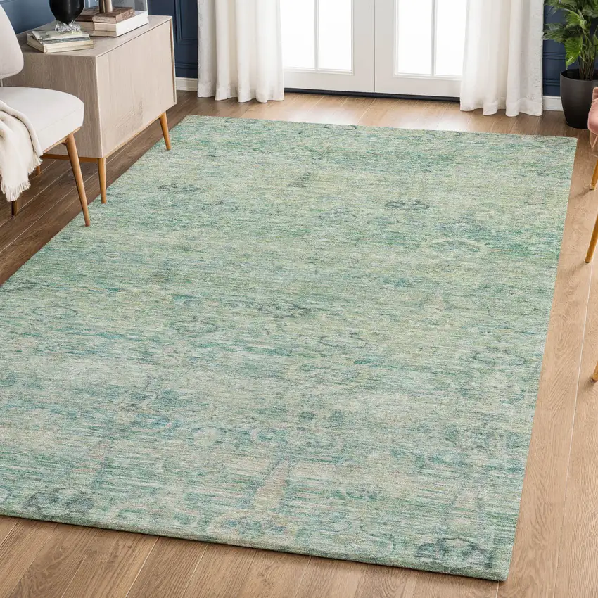 Teal And Pale Aqua Abstract Washable Area Rug With UV Protection Photo 6