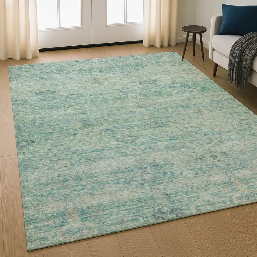 Teal And Pale Aqua Abstract Washable Area Rug With UV Protection Photo 5