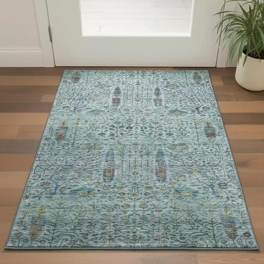 Teal And Pale Aqua Floral Vines Washable Area Rug With UV Protection Photo 2