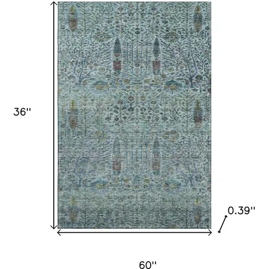 Teal And Pale Aqua Floral Vines Washable Area Rug With UV Protection Photo 9
