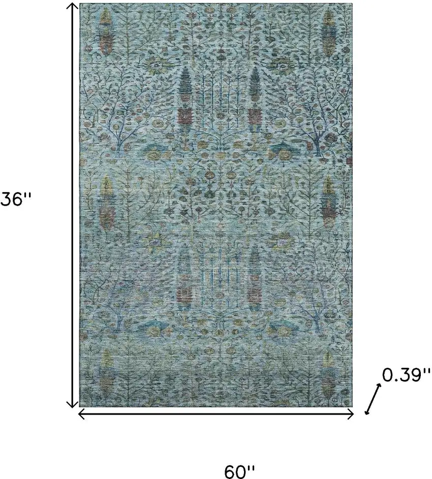 Teal And Pale Aqua Floral Vines Washable Area Rug With UV Protection Photo 9