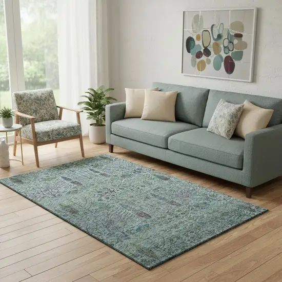 Teal And Pale Aqua Floral Vines Washable Area Rug With UV Protection Photo 2