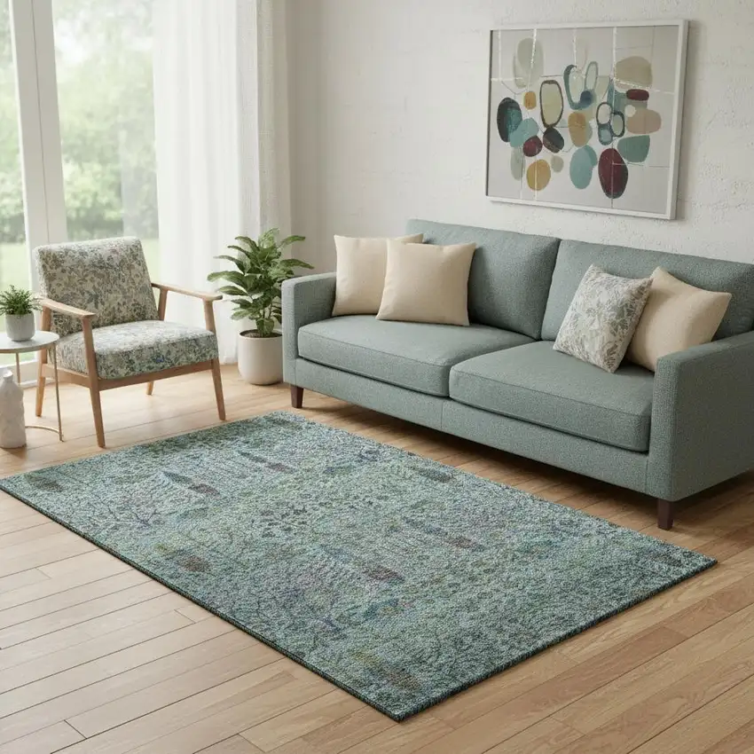Teal And Pale Aqua Floral Vines Washable Area Rug With UV Protection Photo 2