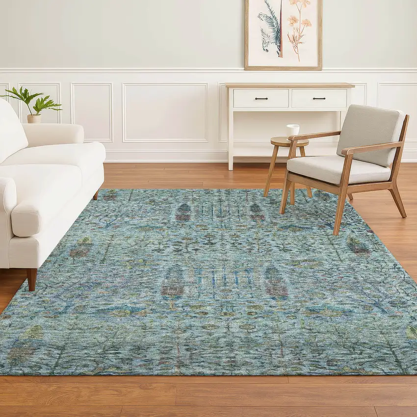 Teal And Pale Aqua Floral Vines Washable Area Rug With UV Protection Photo 6