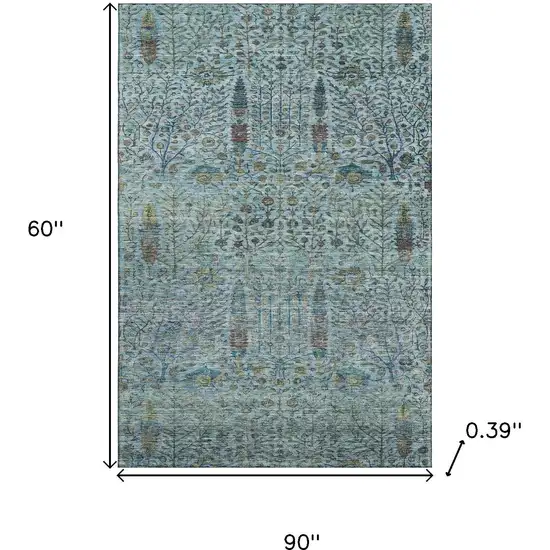 Teal And Pale Aqua Floral Vines Washable Area Rug With UV Protection Photo 9