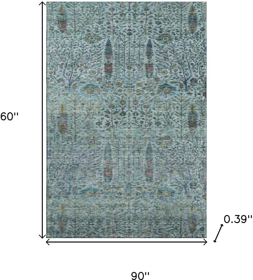 Teal And Pale Aqua Floral Vines Washable Area Rug With UV Protection Photo 9