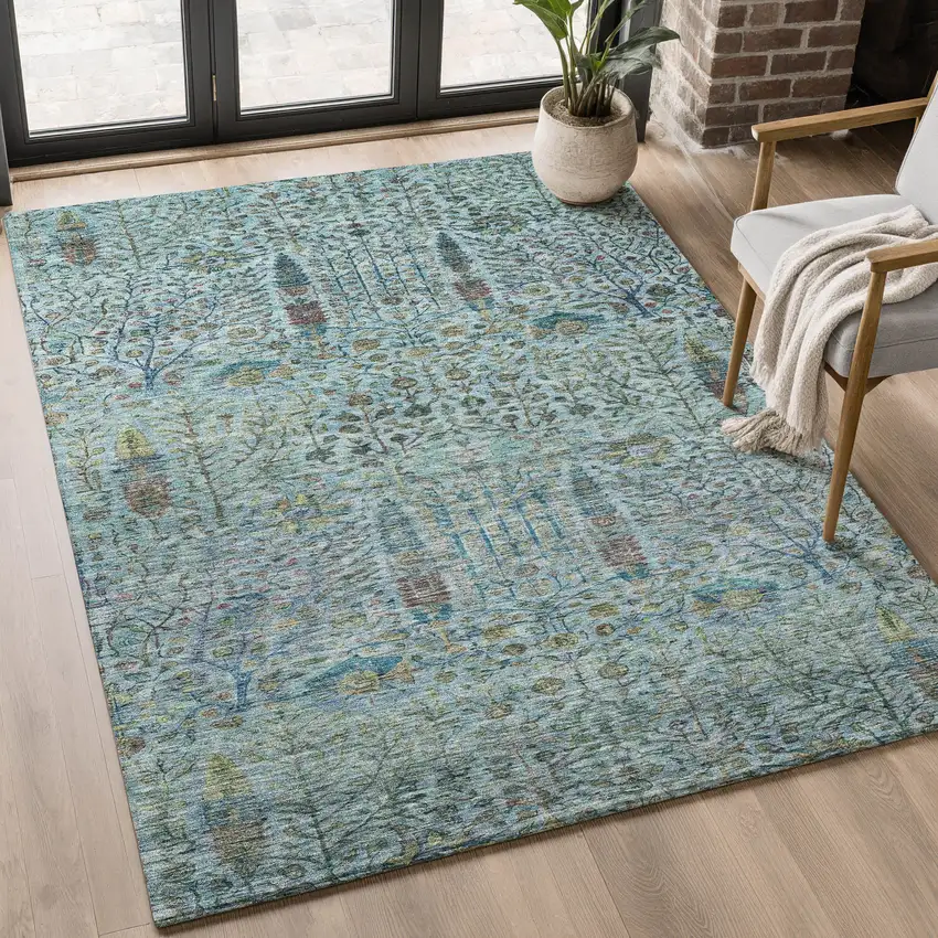 Teal And Pale Aqua Floral Vines Washable Area Rug With UV Protection Photo 5