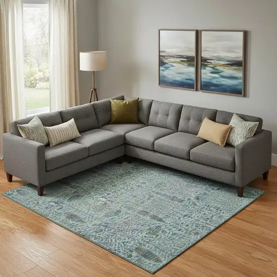 Teal And Pale Aqua Floral Vines Washable Area Rug With UV Protection Photo 2