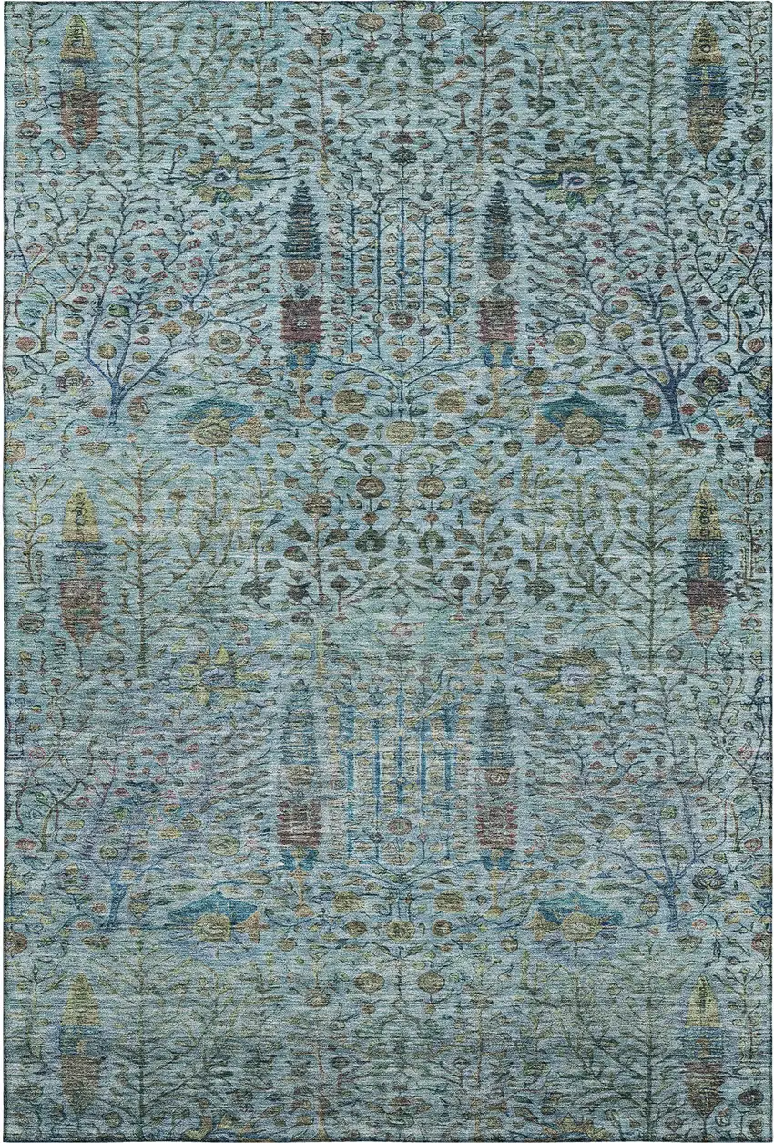 Teal And Pale Aqua Floral Vines Washable Area Rug With UV Protection Photo 1