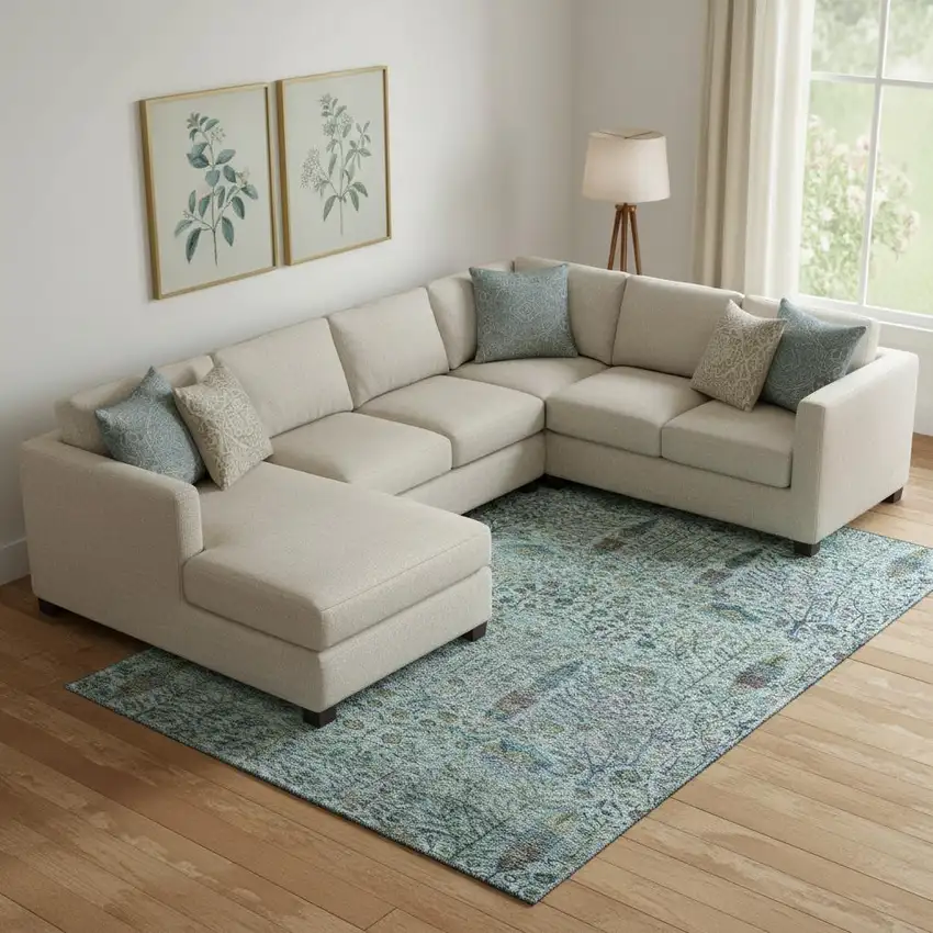 Teal And Pale Aqua Floral Vines Washable Area Rug With UV Protection Photo 2