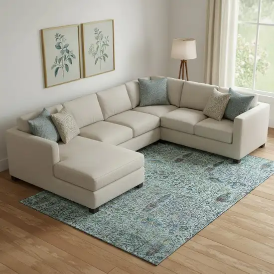 Teal And Pale Aqua Floral Vines Washable Area Rug With UV Protection Photo 2