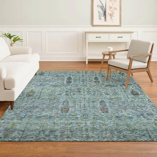 Teal And Pale Aqua Floral Vines Washable Area Rug With UV Protection Photo 6
