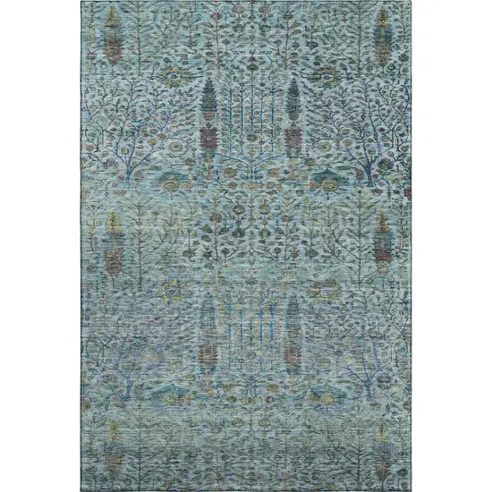 Teal And Pale Aqua Floral Vines Washable Area Rug With UV Protection Photo 1