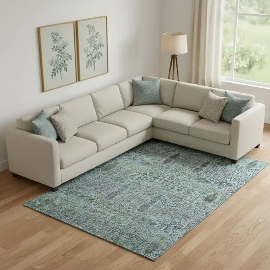 Teal And Pale Aqua Floral Vines Washable Area Rug With UV Protection Photo 2