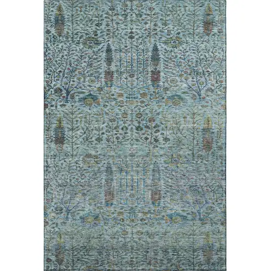 Teal And Pale Aqua Floral Vines Washable Area Rug With UV Protection Photo 4