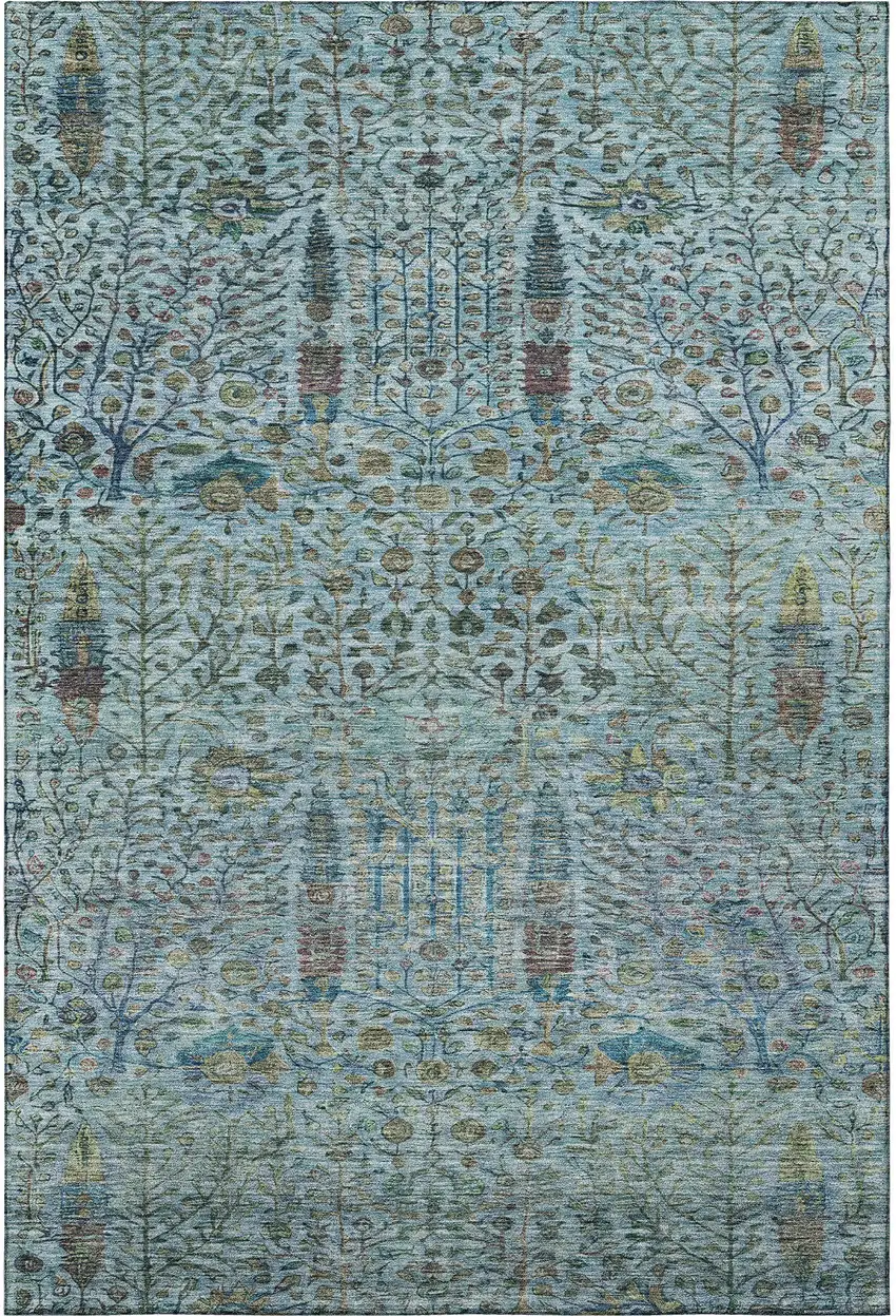 Teal And Pale Aqua Floral Vines Washable Area Rug With UV Protection Photo 4