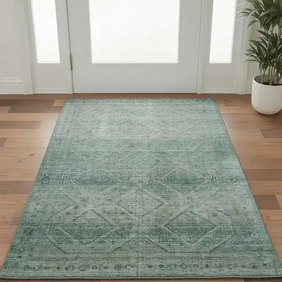 Teal And Pale Aqua Geometric Washable Area Rug With UV Protection Photo 2