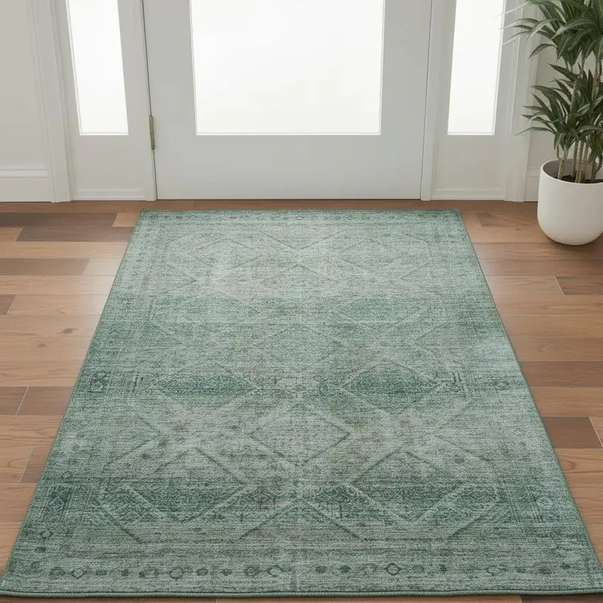 Teal And Pale Aqua Geometric Washable Area Rug With UV Protection Photo 2